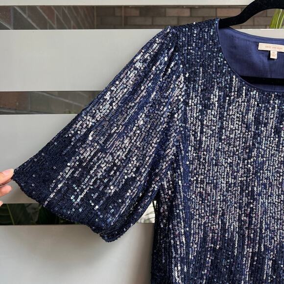 Skies Are Blue Sequin Navy Silver Bubble Sleeve Top Size XS - Picture 4 of 7